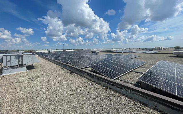 solar panels, building, roof, sky