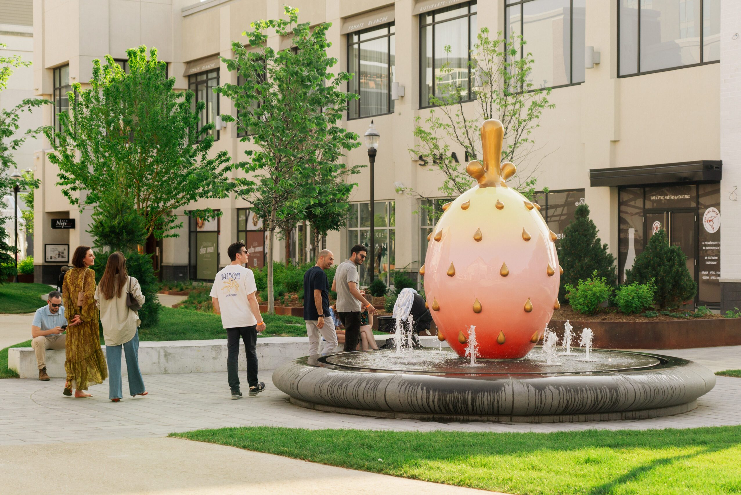 art, fountain, building, trees, people