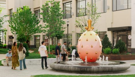 art, fountain, building, trees, people