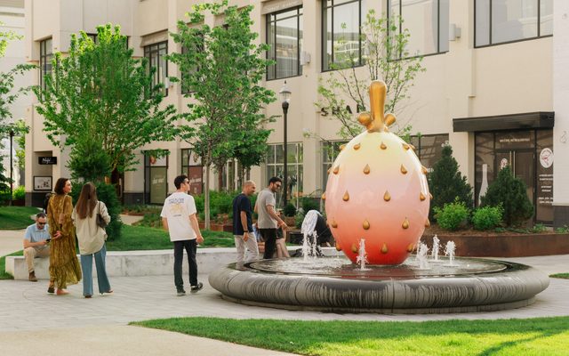 art, fountain, building, trees, people