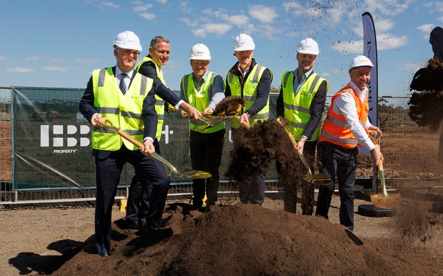 Sod turning of Deer Park Estate by executives from UniSuper's Nick Stephens, GPT Group's Chris Davis, FDC Construction's Cameron Jackson, Asahi Beverages' Adrian Benson, HB+B Property's Luke Wilson, and TMX Transform's Adam McDonald